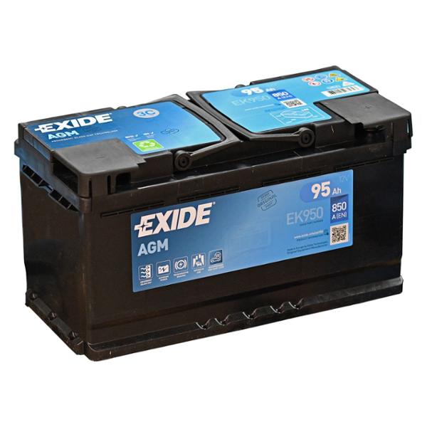 EXIDE AGM EK950 95Ah 850A - La Batterie pour les besoins électriques les plus exigeants des véhicules Start-Stop#Les batteries AGM d'EXIDE sont dotées de la technologie révolutionnaire LifeGrid, idéale pour les voitures équipées du système Start-Stop ou de systèmes de récupération d énergie au freinage et ainsi résister aux cycles continus de charge/décharge imposés par le dispositif Stop&Start des véhicules modernes.#La gamme a été conçue pour nos clients première monte et est spécialement optimisée pour les technologies de motorisations les plus avancées arrivant sur le marché aujourd hui et dans les années à venir. Elle offre des performances inégalées et l assurance d une marque présente en première monte.#Bac des batteries issu de plastique recyclés afin de réduire l'impact environmental