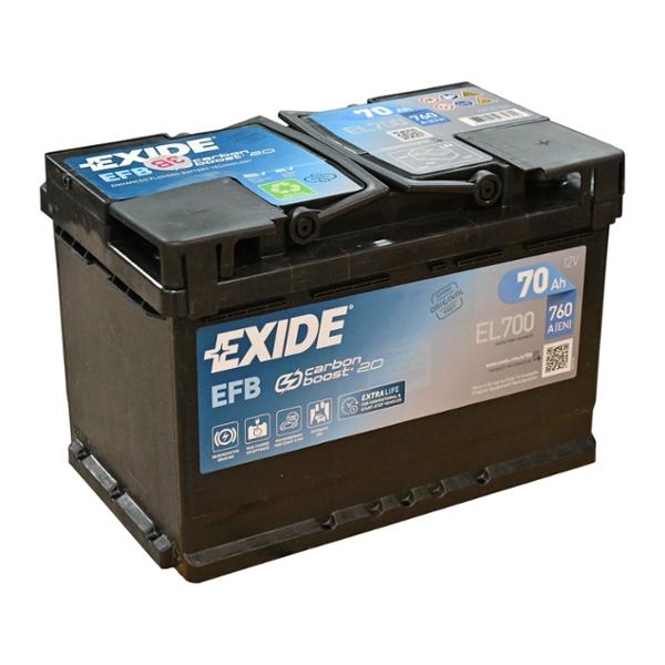 EXIDE EFB  EL700 70Ah 760A - La Batterie de dernière génération pour les véhicules avec et sans Start-Stop#Les batteries EFB d'EXIDE prennent en charge tous les véhicules, avec et sans système Start-Stop, qui ont des exigences de cyclage élevées. Lorsqu elle est installée sur un véhicule équipé du système Start-Stop, l'EFB d Exide fait preuve d une récupération d énergie inégalée et une acceptation de charge dynamique exceptionnelle. La batterie bénéficie également d une durée de vie globale plus longue lorsqu elle est installée sur un véhicule doté d une motorisation conventionnelle.#La gamme a été conçue pour nos clients première monte et est spécialement optimisée pour les technologies de motorisations les plus avancées arrivant sur le marché aujourd hui et dans les années à venir. Elle offre des performances inégalées et l assurance d une marque présente en première monte. #Bac des batteries issu de plastique recyclés afin de réduire l'impact environmental