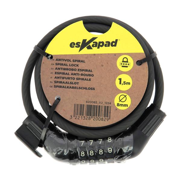 esKapad Antivol Vélo Spirale, à code 4 chiffres, Diam=8mm /L=1,5m + Support